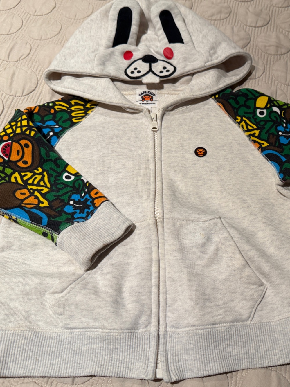 Bape Kids Cream Zip Hoodie with Colorful Graphic Sleeves